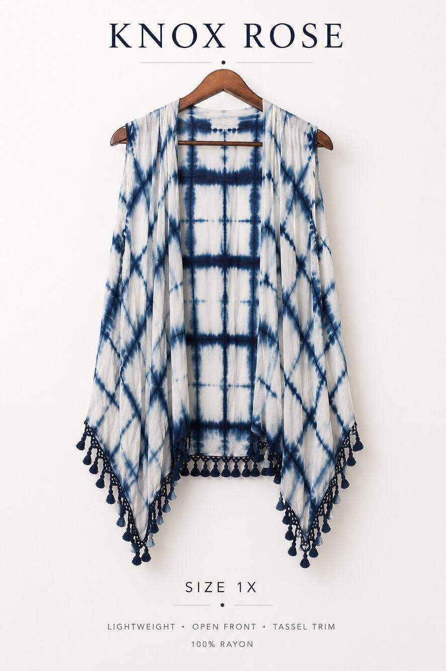 Knox Rose 1X Blue Tie Dye Tassel Kimono Vest Open Front Boho Layering